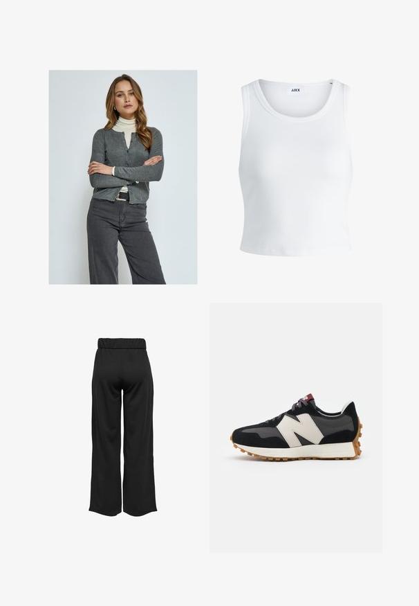 PEPPERCORN PCTANA - Kardigan; Biały prążkowany top na ramiączkach z okrągłym dekoltem, bez rękawów i skróconej długości. Metka z napisem "JJXX." Gładka faktura materiału.; Czarne, szerokie spodnie z elastycznym pasem, wykonane z gładkiego materiału. Charakteryzują się prostym wzornictwem, bez kieszeni i widocznych szwów.; Czarno-szare zamszowe sneakersy z dużym kremowym logo "N", purpurowymi sznurówkami i teksturowaną gumową podeszwą.
