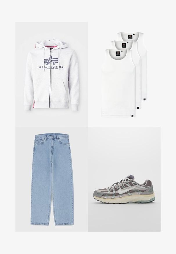 Grå zip-up hettegenser laget av mykt stoff, med trykk av logo foran, justerbare snorer og sidelommer. Rød aksent på kanten.; Tre hvite ribbestrikkede tank topper laget av bomull. Har en rund hals og små svarte etiketter nær kanten. Tilgjengelig i flere størrelser.; Lyseblå denimjeans med rett ben-design, med mid-rise liv, fem lommer og knap og lynlås lukning.; Grå treningssko med overdel i nett og semsket skinn, hvite detaljer, en polstret såle, og et særpreget design med reflekterende elementer.