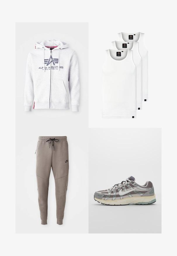Šedá mikina na zip vyrobená z měkké tkaniny, s logem na přední straně, nastavitelnými šňůrkami a bočními kapsami. Červený akcent na lemu.; Tři bílé žebrované tílka vyrobené z bavlny. Mají kulatý výstřih a malé černé štítky poblíž lemu. Dostupné v několika velikostech.; Šedé Nike tepláky s elastickým pasem na šňůrku, zúženými nohavicemi, bočními kapsami a charakteristickým švem. Měkká, strukturovaná tkanina.; Šedá sportovní obuv s vrchní částí z mikrovlákna a semiše, bílými akcenty, polstrovanou podrážkou a jedinečným designem s reflexními prvky.