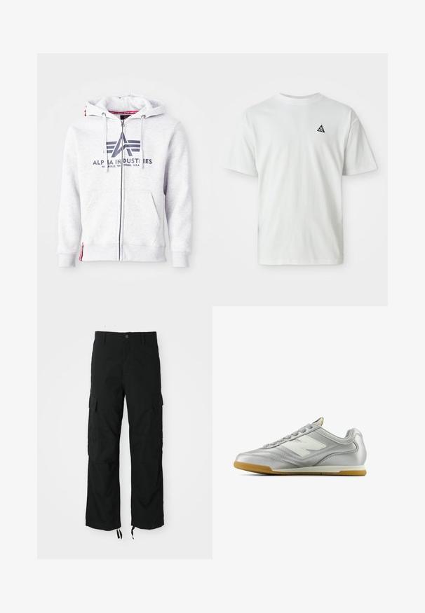 Siva dukserica na patentni zatvarač izrađena od mekog materijala, sa prednjim logotipom, podesivim vezicama i bočnim džepovima. Crveni akcent na rubu.; Bijela majica kratkih rukava s malim crnim trokutastim logom koji sadrži "acg" na lijevoj strani prsnog koša, jednolična pozadina.; Crne cargo hlače izrađene od izdržljivog materijala, s dva bočna džepa, kopčanjem na dugme i podesivim rubovima za ležeran, opušteni izgled.; Srebrna atletska cipela s glatkom, sjajnom površinom, bijelim logotipom sa strane, teksturiranim sivim vezicama i gumiranim potplatom.