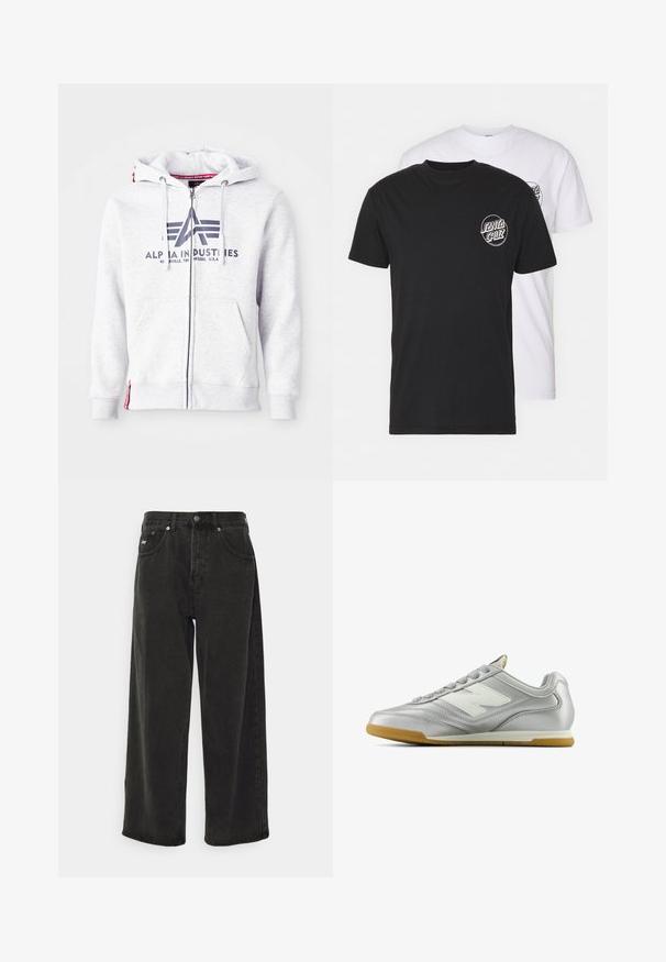 Pelēks kapucis ar rāvējslēdzēju, izgatavots no mīksta auduma, ar priekšējo logo printu, regulējamām auklītēm un sānu kabatām. Sarkanā akcenta apakšmalā.; Divas divu t-kreklu komplekts: viens melns, otrs balts. Abiem ir īsas piedurknes un apļa logo uz krūtīm kontrastējošā krāsā. Kokvilnas materiāls.; Obey Clothing BIGWIG BAGGY - Plati džinsi - black; Sudraba sporta apavi ar gludu, spīdīgu virsmu, balto logo sānos, teksturētām pelēkajām šņorēm un gumijas zoli.