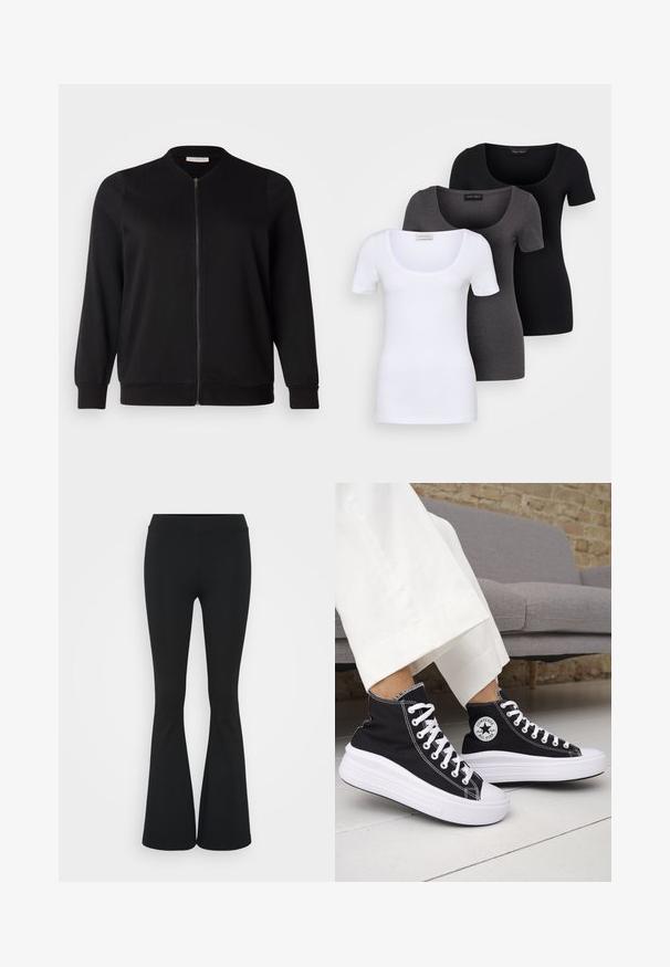 ONLY Carmakoma CARJOYCE - Blusão aviador - black; Três t-shirts ajustadas em branco, cinza e preto. Cada uma possui um decote amplo e mangas curtas. Feitas de um tecido liso e elástico.; Calças pretas de corte alargado feitas de tecido elástico, com uma cintura alta e uma textura suave. As calças alargam-se a partir do joelho.; Ténis pretos de cano alto com solas e atacadores em borracha branca. Apresentam um emblema redondo e costuras contrastantes em branco. Material em lona.