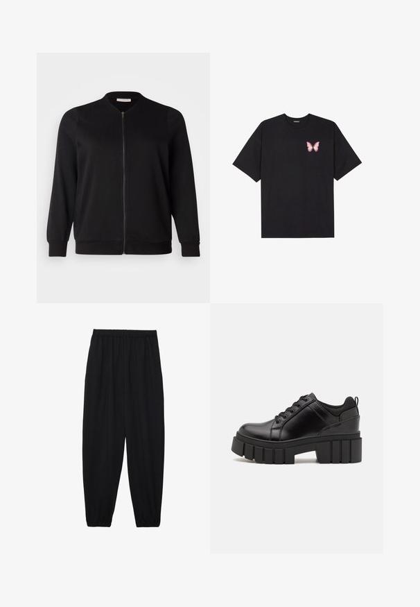 ONLY Carmakoma CARJOYCE - Bomber stiliaus striukė - black; Juodas medvilnės marškinėliai trumpomis rankovėmis, su maža rožine drugelio grafika kairėje krūtinės pusėje. Apvalus kaklo iškirpimas, laisvas kirpimas.; Juodi, lengvi kelnių su elastinga juosmens juosta ir surinktais kulkšniais. Audinys yra lygus ir turi atsipalaidavusį, siaurėjantį dizainą.; Juodi odiniai platformos batai su masyviu blokuota kulniuku, apvalia nosimi ir tradiciniu šnypštimo dizainu. Turintys glotnų paviršių ir minimalų dekoravimą.