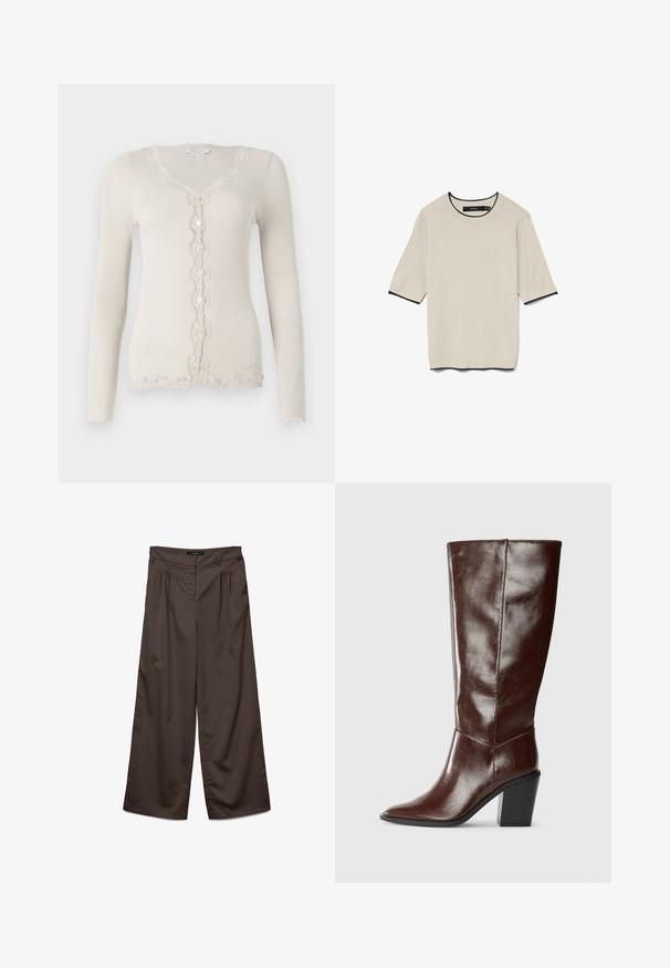 Bežs ribots kardigāns ar garām piedurknēm, V veida kakla izgriezumu, piecām pogām un viļņotu mežģīņu apdari ap malām un poga atlokiem.; Iesvērta, gaiši beigu krāsas T-kreklu ar īsām piedurknēm, ar apaļu izgriezumu un kontrastējošu melnu apdari ap izgriezumu un piedurknēm, noformēts plakaniski.; Plati kāju bikses tumši brūnā audumā ar gludu tekstūru. Iezīmes ietver frontā esošas krokas un standarta jostasvietu.; Augsta, tumši brūna ādas zābaks ar izstieptu pirkstu un sakrautu bloku papēdi, attēlota no sāna uz vienkārša fona.