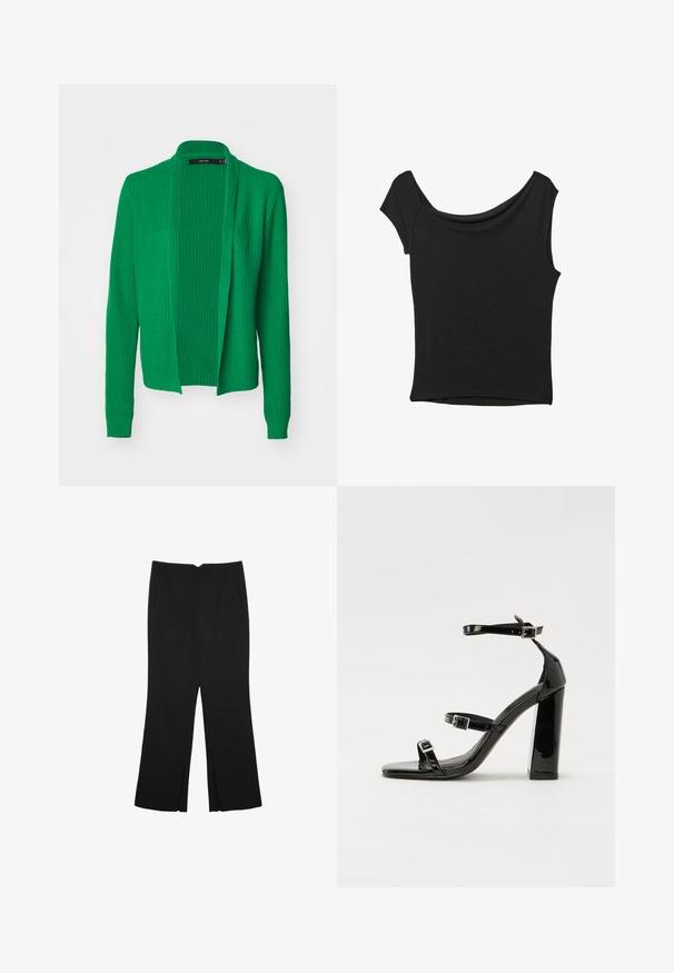 Zeleni pleteni kardigan s otvorenim prednjim dijelom, dugim rukavima, rebrastom teksturom i opuštenim krojem. Bez kopčanja ili složenih uzoraka.; Crna majica kratkih rukava od glatkog materijala; ima drapirani izrez i asimetrični donji rub, uz prilagođeni kroj tijela.; Crne hlače ravnog kroja, s prednjim džepovima i bočnim prorezima na rubu. Izrađene od mekog i glatkog materijala. Pogodne za razne prigode.; Crne lakirane sandale na visoku petu s dva remena s kopčama, kvadratnim vrhom i masivnom blok petom, s glatkom, sjajnom teksturom.
