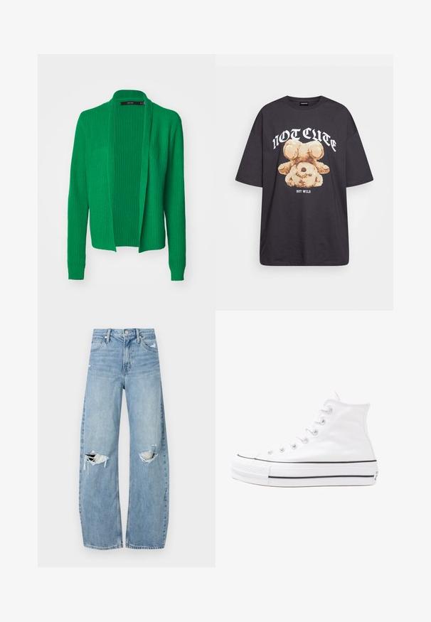 Grüne gestrickte Strickjacke mit offener Vorderseite, langen Ärmeln, geripptem Muster und entspannter Passform. Keine Verschlüsse oder komplizierten Muster.; Schwarzes, übergroßes T-Shirt mit einem Grafikdruck eines Bären und dem Text "NICHT SÜß, SONDERN WILD" in fetter, weißer Schrift. Baumwollmaterial.; Helles, hochtailliertes Jeans aus Denim. Hat weit geschnittene Beine, zwei aufgerissene Kniebereiche und klassischen Fünf-Taschen-Stil.; Weiße hochwertige Leinensneaker mit schwarzer Gummisohle, vorderem Gummizehenschutz und sechs Ösen für Schnürsenkel, die ein sauberes, minimalistisches Design aufweisen.