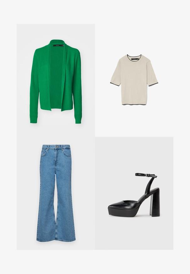 Žalias megztas kardiganas su atviru priekiu, ilgomis rankovėmis, kūdikaus tekstūra ir laisvu siluetu. Nėra užsegimų ar sudėtingų raštų.; Trumpą rankovę, šviesiai smėlinę marškinėlį su apvalia iškirpte ir kontrastinga juoda apdaila ant iškirptės ir rankovių, pateiktą plokščiai.; Šviesiai mėlynos flared džinsai, pagaminti iš džinsinio audinio, su aukštu liemeniu, penkiomis kišenėmis ir vienu mygtuko užsegimu. Minkštas paviršius su išblukusiu efektu.; Juodi platforminiai aukšti kulniukai su smailiu kojų pirštu ir reguliuojamu kulkšnies dirželiu. Pagaminti iš lygaus odos, turi masyvų blokinį kulną.