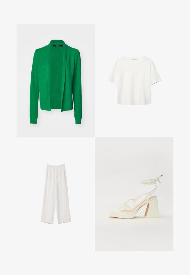 Zeleni pleteni kardigan s otvorenim prednjim dijelom, dugim rukavima, rebrastom teksturom i opuštenim krojem. Bez kopčanja ili složenih uzoraka.; Bijela majica kratkih rukava od pamuka. Ima okrugli izrez i opušteni kroj. Glatka tekstura bez vidljivih uzoraka ili naglasaka.; Bijele hlače širokih nogavica napravljene od lagane tkanine. Imaju elastičan pojas s ušicom i bočne džepove. Glatka tekstura.; Bijela sandala na visokoj potpetici s debelim petom, s remenom i vezanjem oko gležnja. Glatka tekstura s platformom sprijeda za dodatnu visinu.