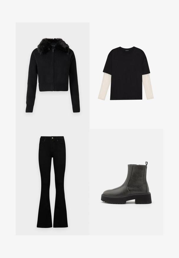 Black cropped sweater with a zip front and ribbed texture. Features a faux fur collar and long sleeves. Simple, modern design.; Black T-shirt made of cotton, featuring short sleeves over a white long-sleeve layer with a subtle textured pattern. Crew neckline design.; Black high-waist jeans with a button and zip closure, front pockets, and flared legs laid flat on a white background.; Black ankle boots with a smooth synthetic upper, elastic side panels, a pull tab, and a chunky rubber sole.