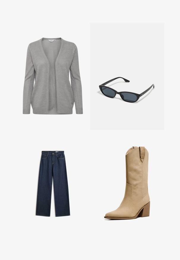 Cardigan grigio realizzato in tessuto a maglia, presenta un profondo scollo a V, apertura frontale, maniche lunghe e una texture sottile con un piccolo logo in evidenza.; PULL&BEAR Top - white; Jeans a gamba larga in denim scuro con cinque tasche, cuciture visibili e chiusura con bottone. Presentano una vestibilità dritta e leggere abrasioni.; Bershka HIGH-HEEL - Stivali texani / biker - beige; Occhiali da sole cat-eye neri con lenti scure, montatura in plastica, stanghette sottili e una leggera marca sulla parte interna del braccio. Finitura opaca.; Borsa a spalla in suede marrone con manico curvo, texture morbida e chiusura con zip superiore. Nessuna cerniera o motivo visibile.