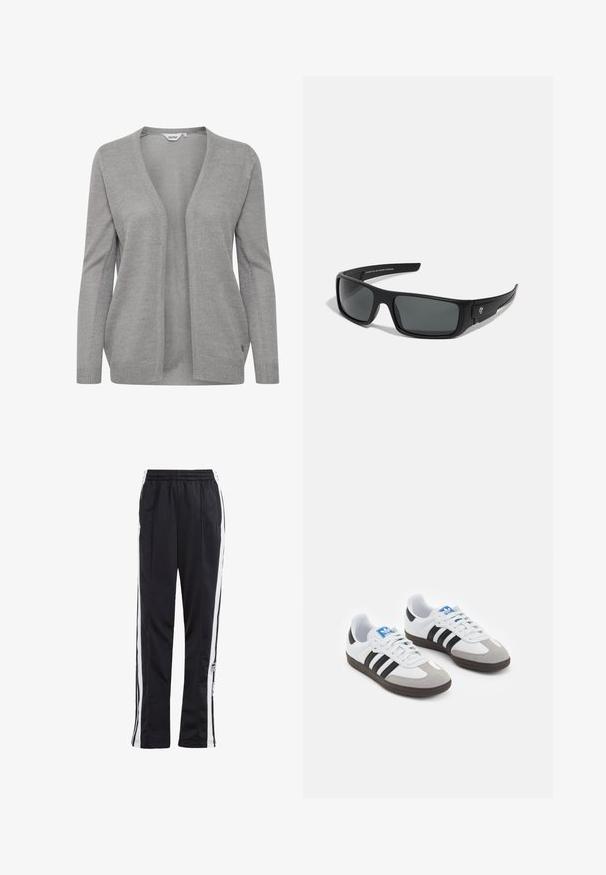 Sivý kardigán vyrobený z pleteného materiálu, má hlboký V-výstrih, otvorený predný diel, dlhé rukávy a jemnú textúru so malým logom.; Dvoje tričiek s dlhým rukávom: jedno čierne a jedno biele. Obe majú okrúhly výstrih a hladkú, rebrovanú štruktúru. Na vnútornom strane výstrihu je viditeľná značka.; Čierne tepláky so bielymi bočnými pruhmi, elastickým pásom a logom. Vyrobené z hladkej, ľahkej tkaniny. Rovný strih.; Športové topánky s bielym koženým zvrškom, šedou semišovou špičkou a tromi čiernymi pruhmi. Obsahujú modré logo na jazyku a štruktúrovanú gumovú podrážku.; Čierne slnečné okuliare s obdĺžnikovým rámom, tmavošedými sklami a hladkým plastovým povrchom. Výrazný logotyp na boku.; Čierna nylonová taška cez rameno so zakriveným tvarom, strieborným reťazovým akcentom, odnímateľnou mini taškou a nastaviteľným popruhom; má logo "Steve Madden".