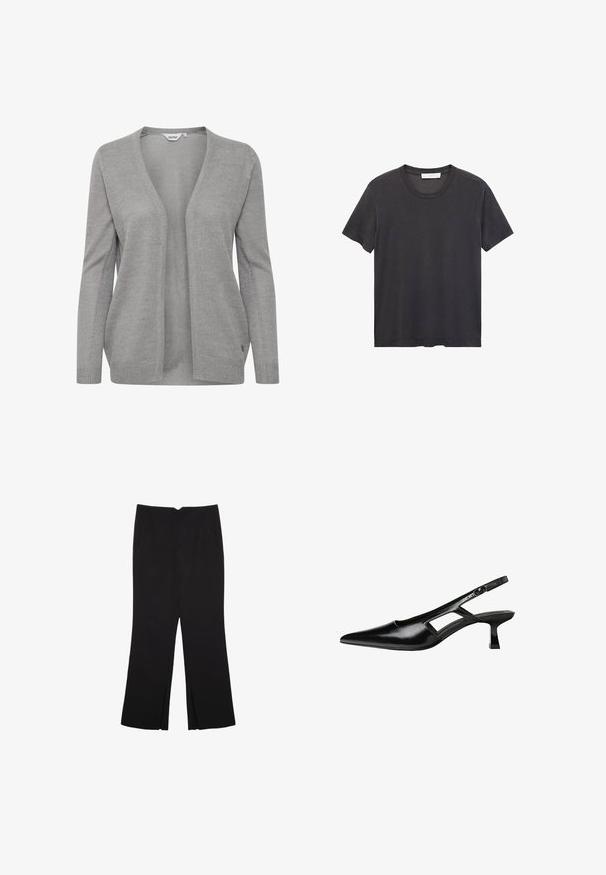 Šedý cardigan z pleteného materiálu, má hluboký výstřih do V, otevřený přední díl, dlouhé rukávy a jemnou texturu s malou logovou akcentací.; Černé tričko s kulatým výstřihem vyrobené z jemné bavlny. Krátké rukávy, volný střih a rovný lem bez zdobení nebo vzorů.; Černé kalhoty s rovným střihem, s předními kapsami a bočními rozparky na lemu. Vyrobené z jemné, hladké tkaniny. Vhodné na různé příležitosti.; Černé lakované lodičky na podpatku se špičatou špičkou, výřezovým designem na boku a malým čtvercovým podpatkem. Hladká textura s minimálními akcenty.