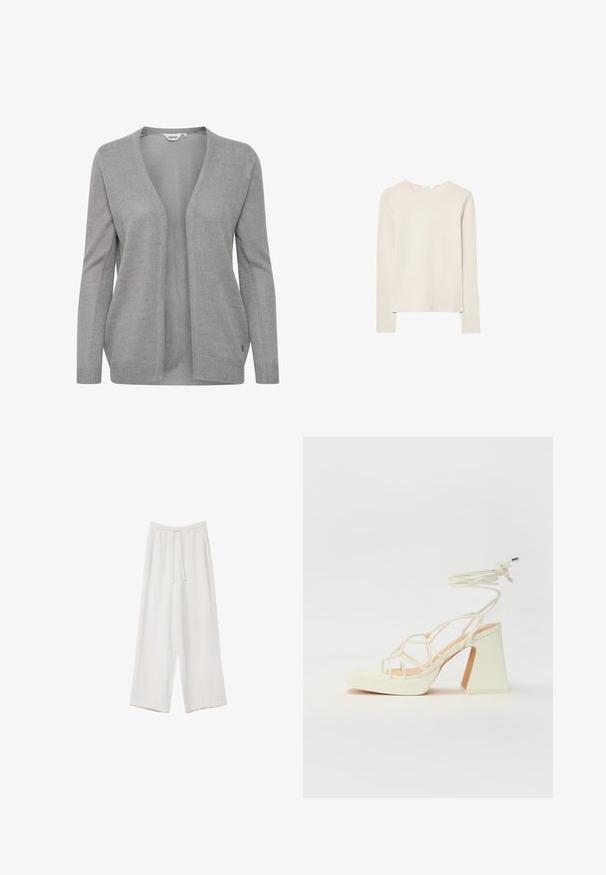 Grau Strickjacke aus Strickstoff, mit tiefem V-Ausschnitt, offener Vorderseite, langen Ärmeln und einer dezenten Textur mit einem kleinen Logo-Akzent.; Hellbeige Langarmshirt aus weichem Stoff, mit Rundhalsausschnitt und lockerer Passform, geradem Saum und minimalen Nähdetails.; Weiße weit geschnittene Hose aus leichtem Stoff. Mit einem elastischen Bund und Kordelzug sowie Seitentaschen. Glatte Textur.; Weiße High-Heel-Sandale mit einem klobigen Absatz, die über ein Riemchendesign und ein Knöchelband verfügt. Glatte Textur mit einer Plattform vorne für zusätzliche Höhe.