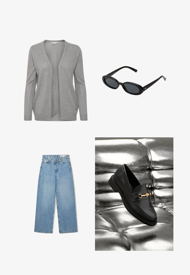 Grijze cardigan van gebreide stof, met een diepe V-hals, open voorkant, lange mouwen en een subtiele textuur met een klein logo-accent.; Effen witte langslopende shirt met lange mouwen, ronde hals, van achteren weergegeven, plat gelegd op een witte achtergrond.; Lichtblauwe wijde jeans van denim, met een hoge taille, vijf zakken, knoopsluiting en subtiele vervaging voor textuur.; Zwarte leren instapper met een goudkleurig hardware-detail. De schoen heeft een strak ontwerp en een gladde, glanzende textuur.; Zwarte oversized zonnebril met ovale lenzen, een glad plastic montuur en gouden accenten op de pootjes. Donkere lenzen bieden bescherming tegen de zon.
