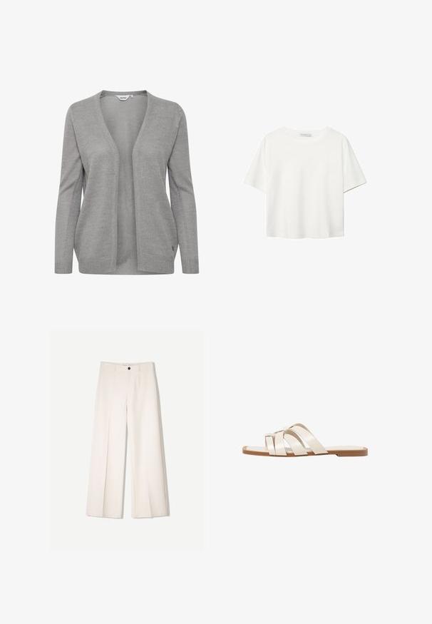 Sivi kardigan napravljen od pletene tkanine, ima duboki V-izrez, otvoreni prednji dio, duge rukave i suptilnu teksturu s malim logotipom.; Bijela majica kratkih rukava od pamuka. Ima okrugli izrez i opušteni kroj. Glatka tekstura bez vidljivih uzoraka ili naglasaka.; Kreme hlače širokih nogavica s krojem koji je prilagođen, s dva prednja džepa i jednim prednjim zatvaranjem na gumb, izrađene od glatkog materijala.; Ravne sandale s smeškom od gume, dizajnirane s tri preklapajuće bele kožne trake i malim detaljem mašne u sredini.