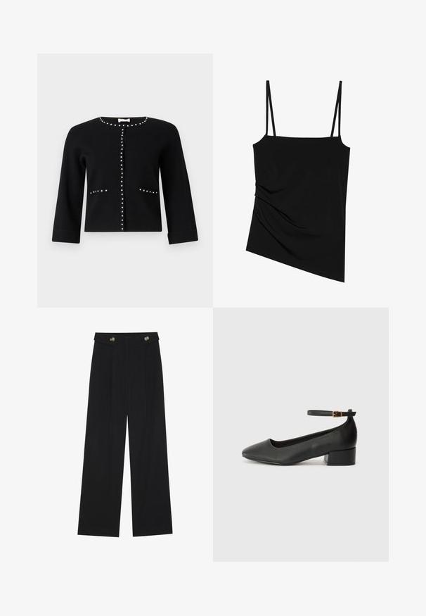 Black cardigan with three-quarter sleeves, featuring silver stud embellishments along the collar, center, and pockets. Smooth texture.; Black, sleeveless top with thin straps; features a draped design on one side and smooth texture; made of stretchy fabric.; Black wide-leg trousers with high waist, button details on waistband, and front pleats.; Black leather pump with a pointed toe and a low block heel. Features an ankle strap with a gold-tone buckle. Smooth texture.