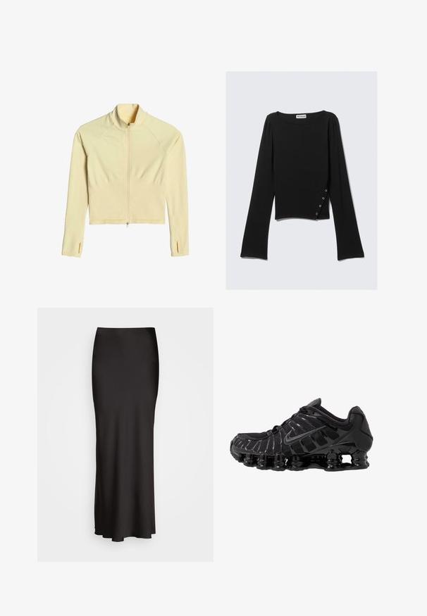 aim’n® SHAPE SEAMLESS - Felpa con zip - yellow; Maglietta nera a maniche lunghe realizzata in tessuto liscio, con scollo a barca, lunghezza cropped e un dettaglio laterale con bottoni in argento.; Gonna in satin nera, lunga fino al pavimento, con una texture liscia, vita aderente e silhouette a forma di A, priva di decorazioni visibili o fantasie.; Scarpa sportiva nera con tomaia in mesh e sovrapposizioni lucide. Presenta un'imbottitura a molla curva e linee texturizzate sul lato. Logo Nike visibile.