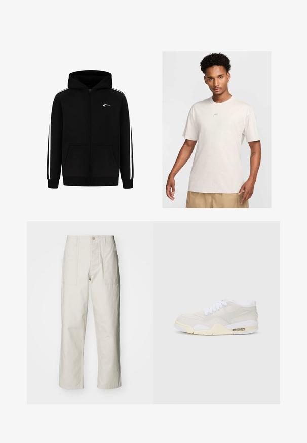 Schwarze Zip-Hoodie mit einer Fronttasche, weißen seitlichen Streifen und einem kleinen Logo auf der Brust. Hergestellt aus einem Baumwoll-Mix mit glatter Textur.; Mann mit kurzem, lockigem Haar trägt ein beiges Nike-T-Shirt und khakifarbene Shorts, sieht frontal vor einem schlichten hellen Hintergrund.; Helle beige weit geschnittene Hose aus Baumwolle. Verfügt über Fronttaschen und einen Knopfverschluss. Glatte Textur mit dezenten vertikalen Streifen.; Sneakers mit einem hellbeigen synthetischen Obermaterial, weißen Schnürsenkeln und sichtbarer Dämpfung. Sie verfügen über eine glatte Sohle und dezente seitliche Akzente.