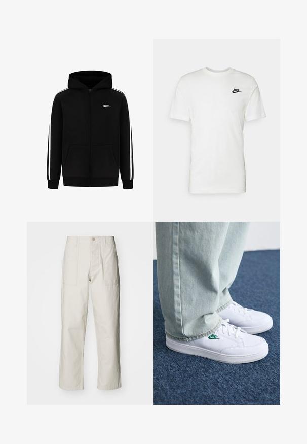 Felpa nera con zip e tasca frontale, strisce laterali bianche e un piccolo logo sul petto. Realizzata in misto cotone con una texture liscia.; Maglietta bianca in cotone con maniche corte, scollo rotondo e logo Nike nero sulla parte sinistra del petto. Tessuto liscio e vestibilità classica.; Pantaloni a gamba larga beige chiaro in cotone. Presentano tasche frontali e chiusura con bottone. Tessuto liscio con sottili linee verticali.; Sneakers in pelle bianca con logo Nike verde, punta rotonda, suola piatta, abbinati a pantaloni in denim azzurro, mostrati su un tappeto blu.