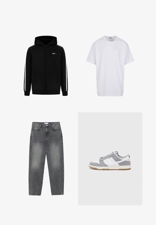 Schwarze Zip-Hoodie mit einer Fronttasche, weißen seitlichen Streifen und einem kleinen Logo auf der Brust. Hergestellt aus einem Baumwoll-Mix mit glatter Textur.; Weiße Baumwoll-T-Shirt mit kurzen Ärmeln, rundem Ausschnitt, lockerer Passform und ohne sichtbare Logos oder Muster. Glatte Textur und minimalistisches Design.; Hoch taillierte, locker sitzende Jeans aus verwaschenem schwarzem Denim. Verfügt über fünf Taschen, Gürtelschlaufen und ein sauberes, gerades Bein-Design.; Graue und weiße Sneaker mit einem Obermaterial aus Wildleder und Leder, abgerundeter Spitze, flachen Schnürsenkeln und einer Gummisohle mit einem Kautschukakzent.