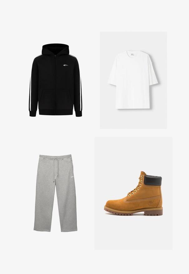Schwarze Zip-Hoodie mit einer Fronttasche, weißen seitlichen Streifen und einem kleinen Logo auf der Brust. Hergestellt aus einem Baumwoll-Mix mit glatter Textur.; Weißes kurzärmliges T-Shirt aus Baumwolle mit Rundhalsausschnitt und lockerer Passform. Glatte Textur, ohne sichtbare Muster oder Akzente.; Graue Sweatpants aus weichem Stoff mit elastischem Bund, verstellbarem Kordelzug und Seitentaschen. Mit einem kleinen weißen Logo.; Beige Wildleder-Ankle-Boot mit schwarzem gepolstertem Kragen, goldenen Metallösen, weißen Nähdetalben und einer robusten Gummisohle mit ausgeprägtem Profil.