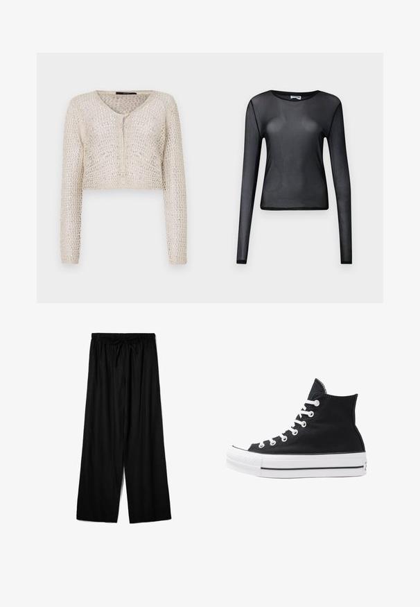 Háčkovaný smotanový cardigan s výstrihom do V, dlhými rukávmi a gombíkovým zapínaním vpredu. Otvorená pletená textura zvyšuje priedušnosť.; Čierny top s dlhými rukávmi vyrobený z priesvitného materiálu, s okrúhlym výstrihom a úzkym strihom, s jemne zakončenými okrajmi.; Čierne nohavice s širokými nohavicami vyrobené z ľahkej tkaniny, s elastickým pásom a sťahovacím šnúrkovým pásom pre nastaviteľné prispôsobenie. Hladká textúra.; Čierne plátkové tenisky v štýle high-top s bielymi očkami, šnúrkami a gumovou podrážkou. Obsahujú textúrovanú špičku a čierno-biele pruhy.