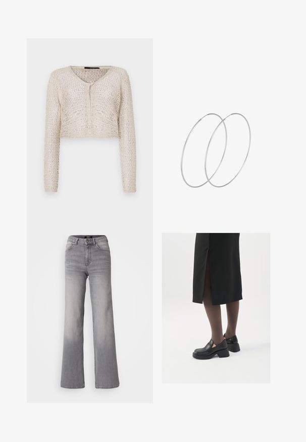 Kvačkani krem kardigan s V-izrezom, dugim rukavima i dugmetom za zatvaranje sprijeda. Otvorena tekstura tkanja poboljšava prozračnost.; Crni bodysuit dugih rukava s mrežastim V-izrezom i naborima na ramenima. Glatka tkanina s prilagođenim oblikom.; Sive traperice visokog struka ravnog kroja, s prednjim gumbom i patentnim zatvaračem, prednjim i stražnjim džepovima te izblijedjelim nijansama na bedrima i listovima.; Crne kožne cipele s zaobljenim vrhom, debelim blok petama i elastičnim bočnim detaljima, uparene s tamnim čarapama i crnom suknjom s prorezom.; Srebrne okrugle naušnice s minimalističkim dizajnom. Kružni oblik, glatka tekstura i tanak profil. Lagane s poliranim završetkom.