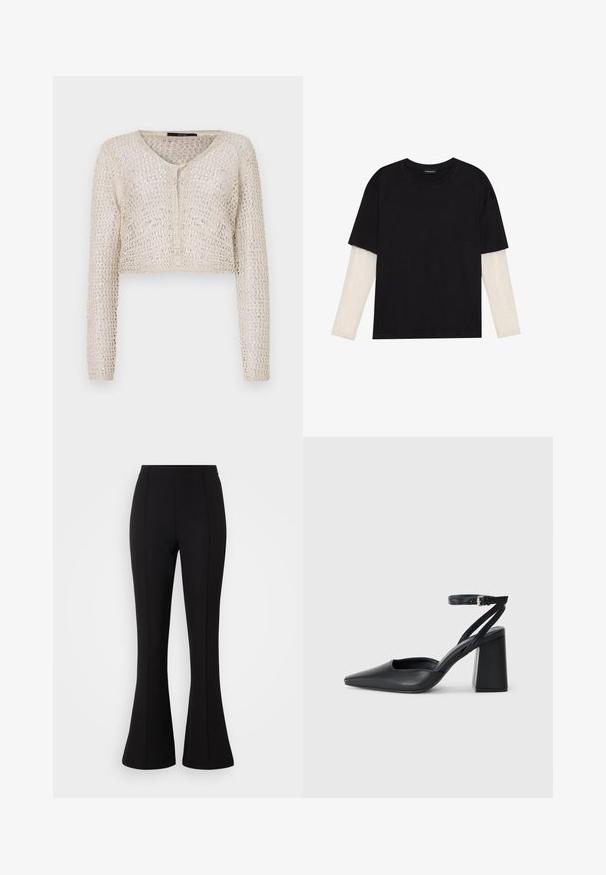 Cardigan en crème au crochet avec un col en V, des manches longues et une fermeture à boutons sur le devant. La texture en mailles ouvertes ajoute de la respirabilité.; T-shirt noir en coton, avec des manches courtes sur une couche à manches longues blanche avec un motif texturé subtil. Col rond.; Pantalons évasés noirs fabriqués en tissu extensible, avec une texture lisse, taille haute et des coutures décoratives à l'avant.; Escarpin noir en cuir à bout pointu avec une bride de cheville et un talon épais. Texture lisse, design élégant et esthétique minimaliste.