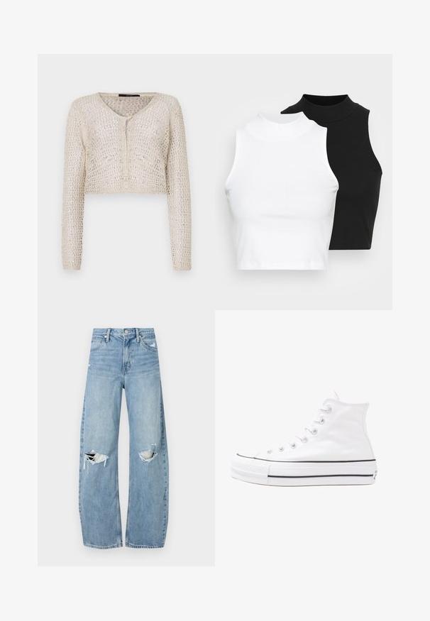 Szydełkowany kremowy kardigan z dekoltem w serek, długimi rękawami i zapięciem na guziki z przodu. Otwarty splot materiału zapewnia przewiewność.; Dwa bezrękawnikowe golfy w kolorze czarnym i białym, charakteryzujące się dopasowanym fasonem i gładką teksturą, o skróconej długości.; Jasnoniebieskie, wysokiej talii dżinsy wykonane z denimu. Posiadają szerokie nogawki, dwa podarte miejsca na kolanach oraz klasyczne pięć kieszeni.; Białe wysokie trampki z płótna z czarną gumową podeszwą, przednim czubkiem z gumy i sześcioma dziurkami na sznurowadła, charakteryzujące się prostym, minimalistycznym designem.