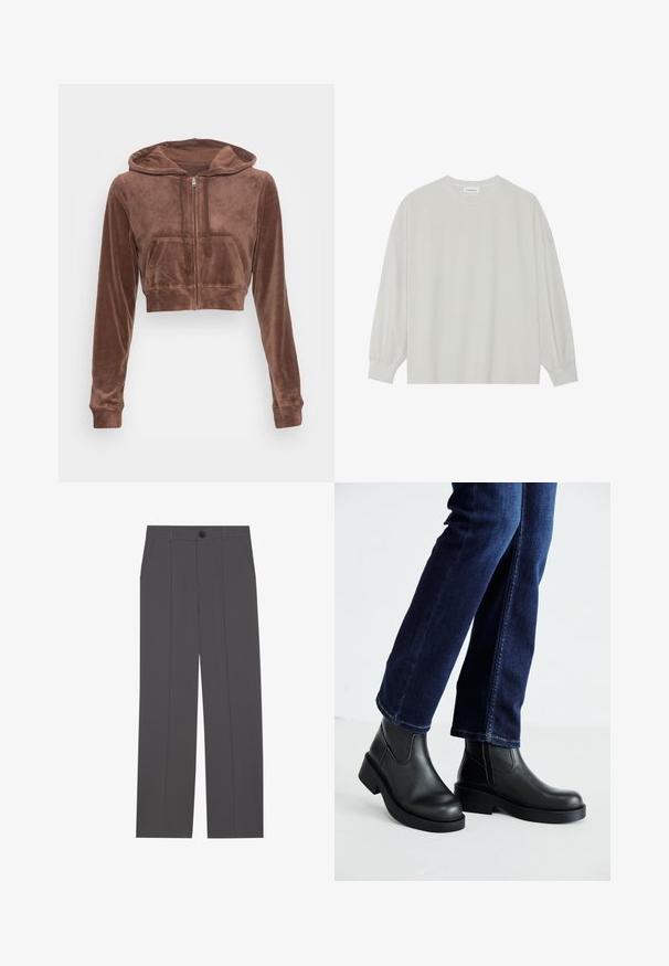 Hollister Co. Camisola com fecho - brown; Camisola de manga longa cinza clara, feita de algodão suave. Apresenta um corte solto, decote redondo e punhos ligeiramente franzidos. Sem padrões nem gráficos.; Calças cinzas com um design de perna reta, apresentando dois bolsos laterais e um fecho de botão. Tecido suave sem padrões ou detalhes visíveis.; Botas de tornozelo de couro preto com sola grossa e painéis elásticos laterais, combinadas com jeans azul escuro. O chão é de cor clara.