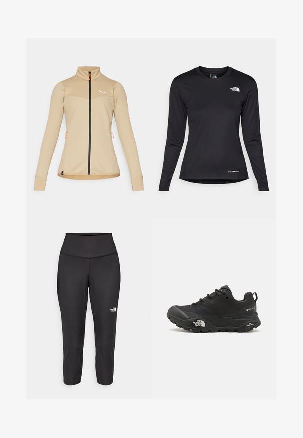 Giacca beige con zip, caratterizzata da un design testurizzato, colletto alto e zip nera. Presenta dettagli arancioni e una silhouette aderente.; The North Face SHADOW LONG SLEEVE - Maglietta a manica lunga - black; Leggings capri neri realizzati in tessuto elastico, dotati di un alto punto vita e un piccolo logo bianco sul lato sinistro. Texture liscia.; Scarpa da trekking nera con una tomaia texturizzata, chiusura con lacci e una suola di gomma spessa che presenta un logo prominente sul lato e disegni del battistrada.