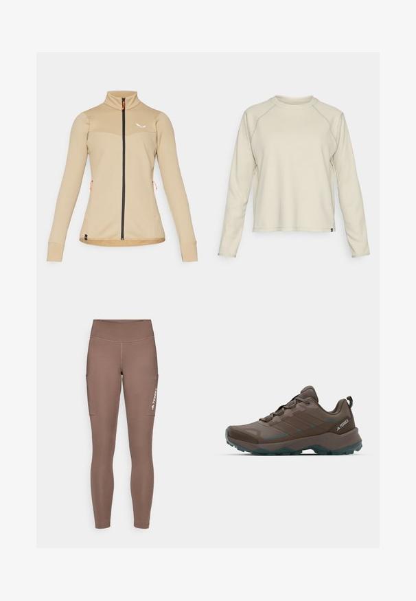 Šviesiai rudos zip-up striukė su tekstūruotu dizainu, aukštu apykakle ir juodu užtrauktuku. Yra oranžiniai akcentai ir prigludusi siluetas.; Šviesiai smėlio spalvos ilgomis rankovėmis marškiniai su tekstūruotu, banguotu raštu. Yra raglan tipo rankovės ir ovalus iškirpimas. Subtilus prekės ženklo logotipas apačioje.; Rudos sportiniai legginsai su aukštu juosmeniu, šoninėmis kišenėmis ir baltu logotipu. Lygi, elastinga medžiaga užtikrina komfortą ir judrumą.; Pilki ir melsvi žygio batai su tinklinėmis panelėmis, tekstūruotu viršumi ir tvirtu guminio pado pagrindu. Yra paminkštinta liežuvėlio dalis ir raištelių uždarymo dizainas.