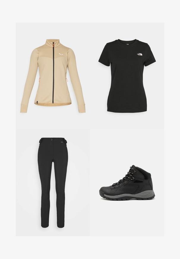 Beige vetoketjullinen takki, jossa on teksturoitu muotoilu, korkea kaulus ja musta vetoketju. Sisältää oransseja yksityiskohtia ja sopivan istuvuuden.; Musta puuvillahihaton t-paita, jossa on pyöreä kaula-aukko ja lyhyet hihat. Huomattava valkoinen logo vasemmassa yläkulmassa. Sujuva kangas ja rento leikkaus.; Mustat, slim fit -housut, jotka on valmistettu joustavasta materiaalista. Ominaisuuksiin kuuluu vetoketjullinen sivutasku, muotoillut polvet ja sileä pinta.; Musta vaelluskenkä, jossa on puolivartinen muotoilu, jolle on ominaista teksturoitu päällinen, harmaat yksityiskohdat ja kestävä kumipohja, jossa on pitoita lisääviä lukuja.