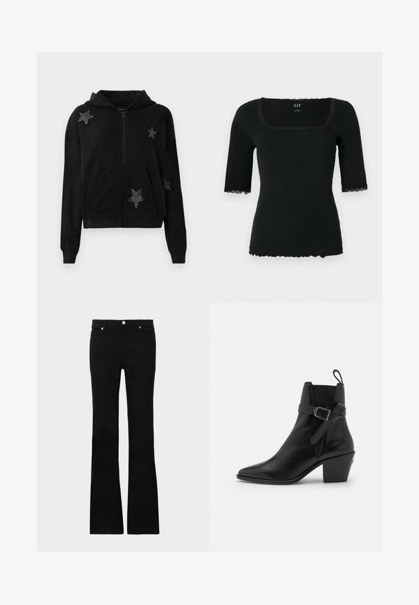Crna zip jakna s prednjim džepovima i kapuljačom, ukrašena s četiri crne zvjezdaste aplikacije obogaćene sitnim perlicama.; Crni kratki top s rebrastim uzorkom i kvadratnim izrezom, ukrašen čipkom na rubu ovratnika i rukava, te valovitim rubom.; Crne široke traperice izrađene od denima, s dva prednja džepa, kopčanjem na dugme i glatkom teksturom. Potpisna šavova vidljiva na šavovima.; Crne kožne čizme do gležnja s nazubljenim vrhom, debelim potplatom i detaljem na boku s kopčom. Imaju glatku teksturu i petu za povlačenje na poleđini.