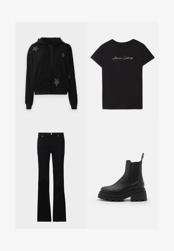 Black zip-up hoodie with front pockets and hood, decorated with four black star patches embellished with small beads.; Black cotton t-shirt featuring short sleeves and a crew neckline, adorned with a cursive "Armani Exchange" logo in white.; Black flared jeans made of denim, featuring two front pockets, a button closure, and a smooth texture. Signature stitching visible at seams.; Black chelsea boots made of smooth leather with elastic side panels, a thick, ridged rubber sole, and a pull tab at the back.