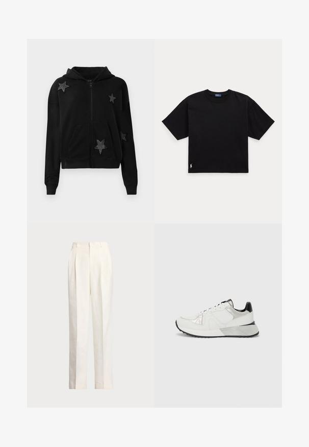 Mustmustelane tõmblukuga kapuutsiga jakki, millel on esiküljel taskud ja kaunistatud neli musta tähepatši, mis on kaunistatud väikeste pärlitega.; Must musta t-särk lühikeste varrukatega, ümar kaelus ja väike valge logo alumisel vasakul küljel. Klassikaline, kastikujuline lõige minimaalsete detailidega.; Polo Ralph Lauren HEMP WIDE LEG PANT - Püksid - nevis; Valge spordijalats, millel on võrkpaneelid ja nahkpaneelid, hõbedased aktsendid, tekstureeritud disain, must konts ja kummist tald. Küljepilt.