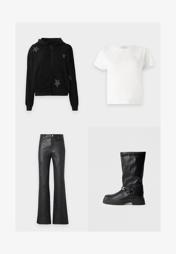 Hanorac negru cu fermoar, dotat cu buzunare frontale și glugă, decorat cu patru appliști în formă de stea negre împodobite cu mărgele mici.; Tricou alb din bumbac cu mâneci scurte, guler rotund și o croială lejeră. Eticheta este vizibilă la guler, cu o textură netedă. Design simplu, fără modele.; Pantaloni din piele neagră evazați, cu o textură crăpată, talie înaltă, buzunare frontale și închidere clasică cu nasture și fermoar.; Cizme negre până la genunchi din piele netedă, cu un detaliu cu cataramă pe lateral și o talpă groasă, texturată pentru aderență.