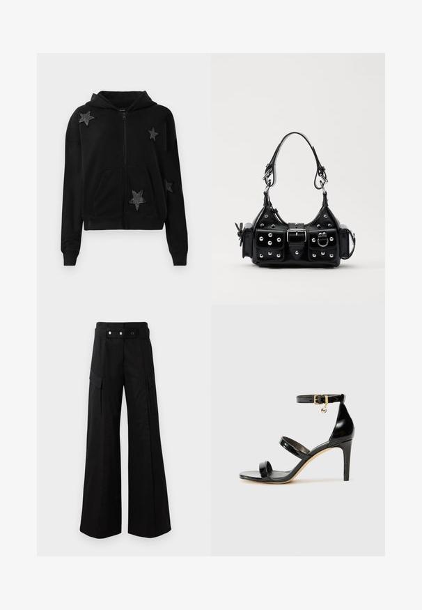 Černá mikina na zip s předními kapsami a kapucí, zdobená čtyřmi černými hvězdicovými nášivkami vyšívanými drobnými korálky.; Černý body s dlouhým rukávem a asymetrickým řasením přes přední část, s patentkami v oblasti rozkroku.; Černé kalhoty s širokými nohavicemi a vysokým pasem, které mají velké boční kapsy, dva přední knoflíky a detail v podobě poutka. Vyrobeno z pevné látky.; Černé lakované kožené sandály se třemi pásky, sponou na kotníku a 10 cm jehlovým podpatkem. Obsahují zlaté kovové detaily a logo přívěsek.; Černá kožená kabelka s křivkovým designem, zdobená stříbrnými hřebíky, s přezkou a dvěma bočními kapsami. Nastavitelný popruh pro různé možnosti nošení.