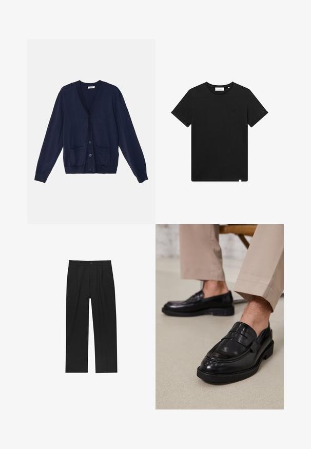 Granatowy kardigan wykonany z miękkiego materiału, z dekoltem w serek, guzikiem z przodu, dwoma kieszeniami z przodu oraz ściągaczami na mankietach i u dołu.; Czarna koszulka z krótkim rękawem wykonana z bawełny, z okrągłym dekoltem i małym logo haftowanym na piersi. Gładka tekstura, standardowy krój.; Czarne spodnie o prostym kroju, wykonane z gładkiego materiału. Posiadają zakładki z przodu i pojedyncze zapięcie na guziki w pasie.; Czarne skórzane mokasyny o gładkim wykończeniu, z dekoracyjnym paskiem i kontrastowym szwem, w połączeniu z beżowymi spodniami.