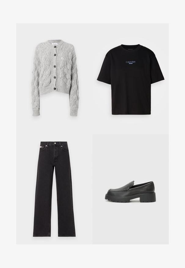 Grijze gebreide cardigan met een cropped ontwerp, voorzien van een kabelpatroon, ronde halslijn en vijf donkere knopen aan de voorkant.; Zwart katoenen T-shirt met ronde hals, korte mouwen en blauw geborduurd "Calvin Klein JEANS" logo op de voorkant.; Zwarte wijde spijkerbroeken van denim, met een hoge taille, vijf-pocket stijl en een metalen knoopsluiting met contrasterende stiksels.; Zwarte leren instappers met een ronde neus, dikke getextureerde zool en minimale stikseldetails. Strak ontwerp zonder zichtbare veters of hardware.