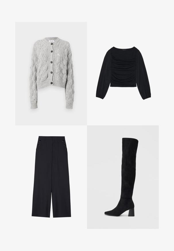 Gray knitted cardigan with a cropped design, featuring a cable pattern, round neckline, and five dark buttons down the front.; Black long-sleeve top featuring gathered fabric detail at the front and wrists, made of soft, stretchy material with a boat neckline.; Wide-leg trousers in dark navy fabric, featuring a smooth texture, front pleats, and decorative gold-tone eyelets on the side pockets.; Black suede knee-high boot with block heel, pointed toe, and smooth, seamless design on a plain light background.