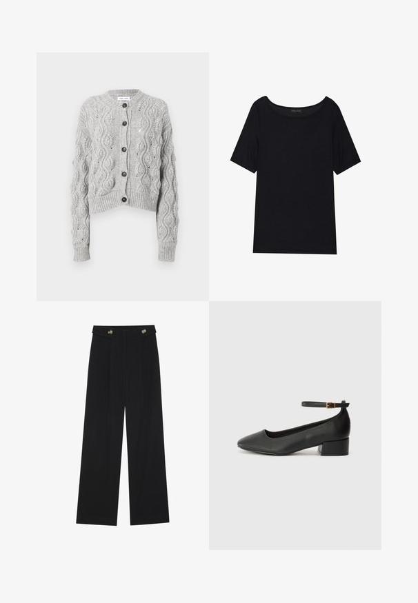 Gray knitted cardigan with a cropped design, featuring a cable pattern, round neckline, and five dark buttons down the front.; Black short-sleeve T-shirt with a wide neckline. Made of soft, lightweight fabric. Simple design with no patterns or accents.; Black wide-leg trousers with high waist, button details on waistband, and front pleats.; Black leather pump with a pointed toe and a low block heel. Features an ankle strap with a gold-tone buckle. Smooth texture.