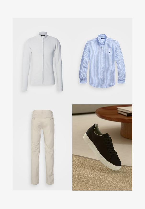 Vaaleanharmaa vetoketjullinen villapaita, jossa on korkea kaulus, pitkät hihat, teksturoitu kangas ja tiukka muotoilu. Hemmossa on logonäyte.; Sininen ja valkoinen raidoitettu pitkähihaisen paita, joka on valmistettu puuvillasta. Paidassa on napillinen kaulus, etunapit ja pieni kirjailtu logo rinnassa.; Beige housut, joissa on sileä pinta, suora leikkaus, kaksi nappikiinnitteistä takataskua ja normaali vyötärö.; Musta lenkkari, jossa on valkoinen pohja, kelluu vaaleanbeige texturoituneen maton yllä pyöreän puupöydän vieressä, jonka päällä on pinottu kirjoja.