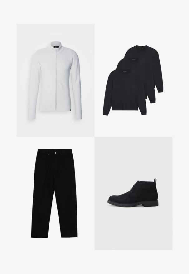Ljusgrå zip-up-tröja med hög krage, långa ärmar, strukturerad tyg och en figurnära design. Har en logotag på fållen.; Tre svarta långärmade skjortor, tillverkade i mjukt tyg, med rundad halsringning och åtsittande manschetter. Minimalistisk design utan synliga mönster.; Svarta denimbyxor med rak passform, femficksdesign och framknäppning. Slät textur med minimala sömdetaljer.; Svarta mocka anklar boots med rund tå, snörning och en texturerad gummisula. Har en liten dragflik baktill.