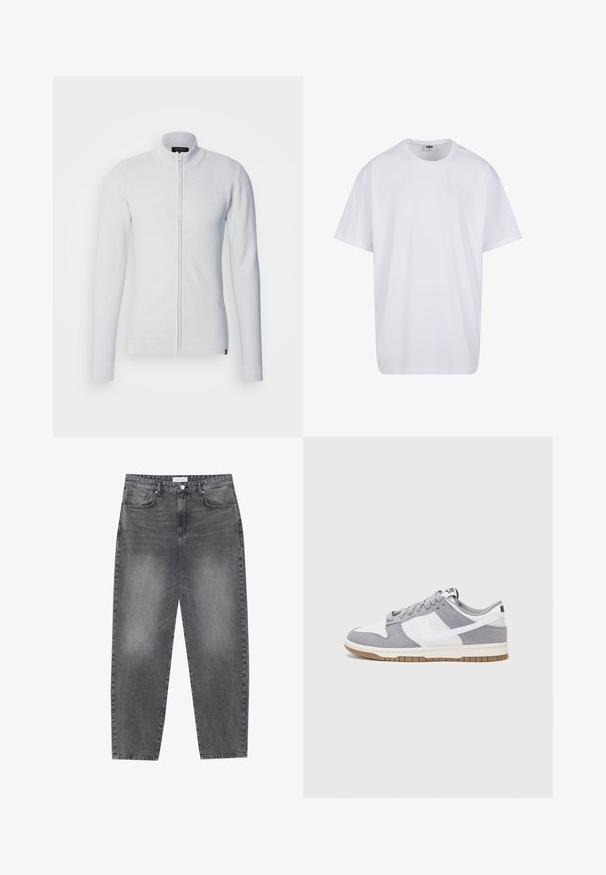 Heledhall hallituspluus, millel on kõrge kaelus, pikad varrukad, tekstuuriga kangas ja keha külge sobiv disain. Hemmikul on logo silt.; Valge puuvillane t-särk lühikeste varrukatega, ümmarguse kaelusega, lõdva lõikega ja ilma nähtavate logodeta või mustriteta. Sile tekstuur ja minimaalne disain.; Kõrgema vöökohtadega, lõdva lõikega teksad, mis on valmistatud tuhmist mustast denimist. Selles on viis taskut, traksid ja puhas, sirge säärelõige.; Halli ja valge tennis鞋, millel on nubuk- ja nahkdetailid, ümar varvas, lamedad nöörid ning kummist tald, millel on kola aktsent.