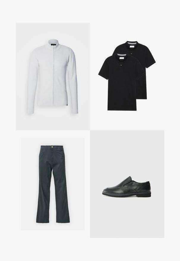 Sweater zippé gris clair avec un col haut, des manches longues, un tissu texturé et un design ajusté. Présente une étiquette de logo en bas.; Deux polos noirs, à manches courtes, en coton, avec un col classique, une patte de boutonnage à deux boutons, et des accents rayés blancs à l'intérieur du col.; Pantalons noirs avec une coupe droite, en tissu mélangé coton. Présentent une fermeture à bouton en métal et des poches latérales. Pas de motifs visibles.; Chaussure slip-on en cuir noir avec une tige lisse, des accents cousus, un bout arrondi et un petit talon en caoutchouc. La semelle présente un profil de traction minimal.