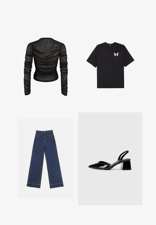 Top nero trasparente a maniche lunghe con texture arricciata. Presenta un collo a V e una silhouette aderente, con arricciature elastiche su tutta la superficie.; T-shirt nera in cotone con maniche corte, caratterizzata da una piccola grafica di una farfalla rosa sul lato sinistro del petto. Design a girocollo con una vestibilità rilassata.; Jeans a gamba larga in denim blu scuro. Presentano cinque tasche, passanti per cintura e un orlo grezzo in fondo con dettagli di cucitura visibili.; Décolleté in vernice nera con punta affusolata e tacco in geometria cubica. Presentano un design elegante e minimalista, con una texture liscia.