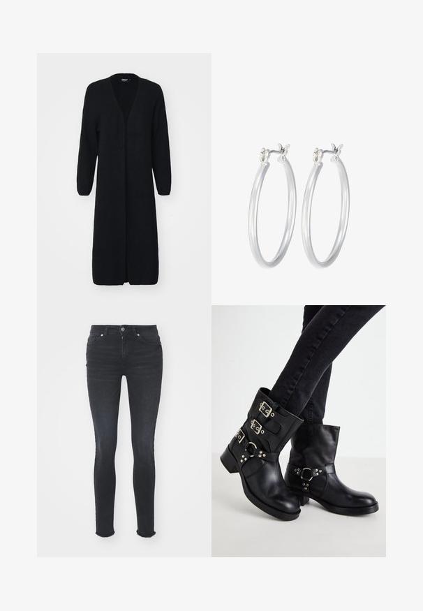 Ilgas juodas kardiganas, pagamintas iš tekstūruoto trikotažo, su V formos iškirpte, atvira priekyje ir ilgomis rankovėmis. Nėra jokių užsegimų ar matomų raštų.; Juodas ilgomis rankovėmis bodis su aukštu kaklu, turintis tvirto audinio torso ir permatomų tinklinių rankovių, sukurtas prigludusio silueto.; Juodos džinsinės liesos kelnės su vidutinio aukščio liemeniu, penkiomis kišenėmis ir suplėšytu galiuku. Audinys turi lygų tekstūrą su nedideliu tamprumu.; Juodos odinės kulkšninės botai su trimis užsegimais, apvalia nosimi ir žemu bloku padais. Dizainas apima lygius ir tekstūrinius panelius.; Sidabriniai auskarai su sklandžiu, poliruotu paviršiumi. Apvalios formos ir saugus uždarymo mechanizmas. Lengvas dizainas, tinkantis kasdieniam dėvėjimui.