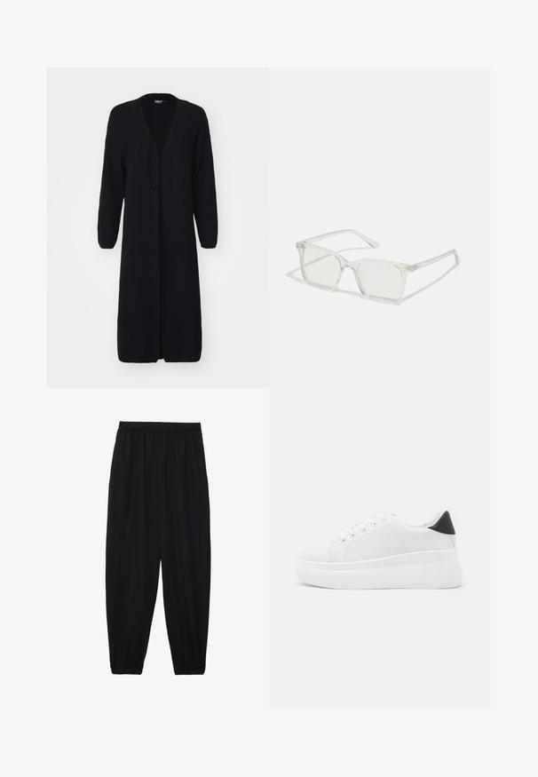 Cardigan lungo nero realizzato in tessuto a maglia testurizzato, con scollo a V, apertura frontale e maniche lunghe. Nessun fissaggio o motivo visibile.; Top bianco senza maniche con scollatura rotonda. Realizzato in tessuto liscio, presenta una vestibilità rilassata e un design minimalista. Nessun motivo o accentuazione.; Pantaloni neri leggeri con vita elastica e caviglie arricciate. Il tessuto è liscio e presenta un design rilassato e affusolato.; Sneakers platform bianchi realizzati in materiale sintetico liscio, con punta arrotondata, design con lacci e suola in gomma texture. Accento nero nel tallone.; Occhiali da sole quadrati in plastica trasparente con lenti traslucide, caratterizzati da dettagli in oro sulle tempie.; Borsa a mano beige realizzata in materiale morbido, caratterizzata da un design morbido, dettagli cuciti e due manici. Adatta per l'uso quotidiano.