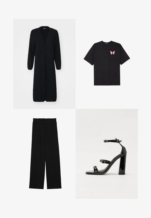 Garš melns kardigans, izgatavots no teksturēta adījuma, ar V-veida kaklu, atvērtu priekšpusu un garām piedurknēm. Nav redzamu aizdaru vai rakstu.; Melna kokvilnas T-krekls ar īsām piedurknēm, kuram priekšā kreisajā pusē ir neliels rozā tauriņa grafiskais attēls. Ar apaļu kaklu un brīvā stila piegriezumu.; Melnas platās bikses ar volangām jostasvietā, ar divām sānu kabatām un gludu, vieglu audumu. Nav redzamu rakstu vai aksesuāru.; Melnas lakotas augstpapēžu čības ar kvadrāta purngalu, potīšu siksniņām un sudraba sprādzēm. Aprīkotas ar masīvu bloku papēdi stabilitātei.